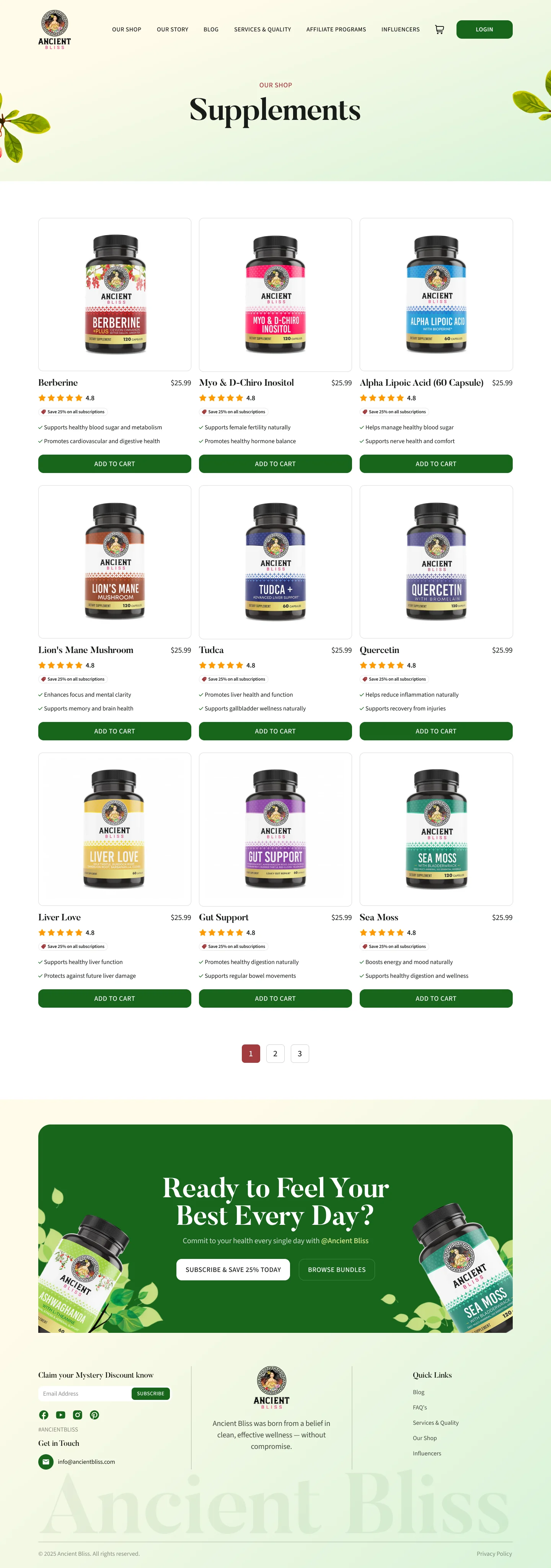 Ancient Bliss supplement collection design with a consistent product grid