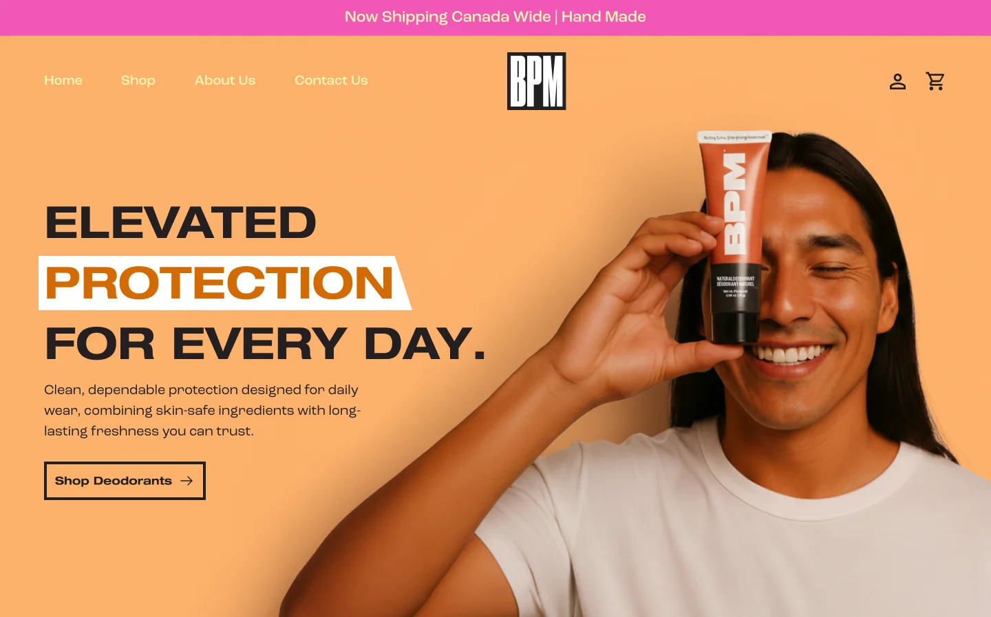 BPM homepage design: orange hero with a man holding the BPM tube and the headline Elevated protection for every day