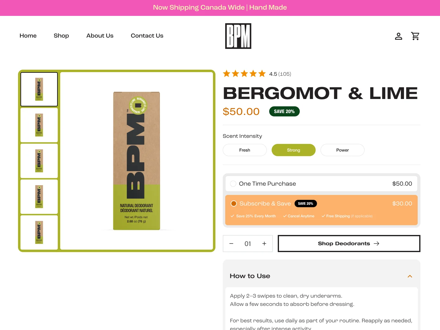 BPM Bergamot and Lime product page design with scent options and subscribe-and-save pricing