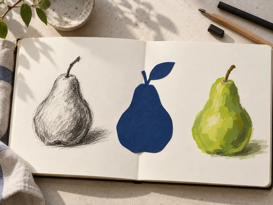 A pear explored in charcoal, paper collage and gouache