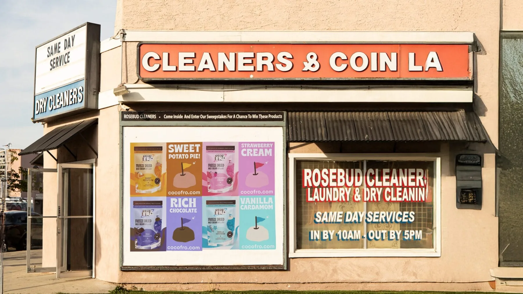 CocoFro flavour posters displayed in a street-facing window