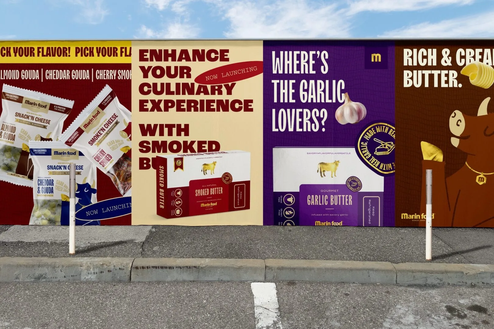 Marin Food identity applied to dairy packaging and a wall of campaign artwork
