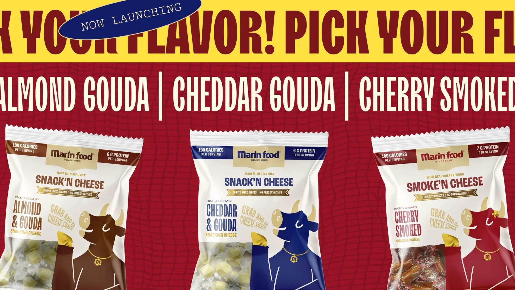 Three Marin Food snack cheese packs with almond, cheddar and cherry flavours