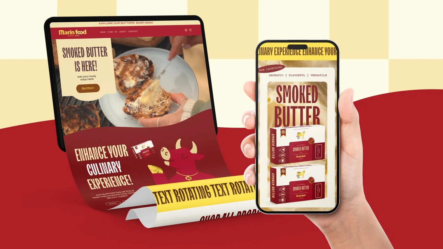 Marin Food website designs shown on desktop and mobile devices