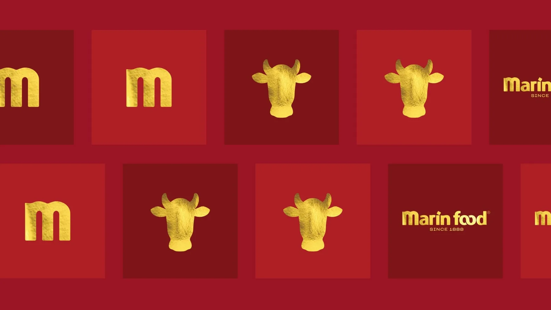 Marin Food gold marks and cow icons on a red brand system
