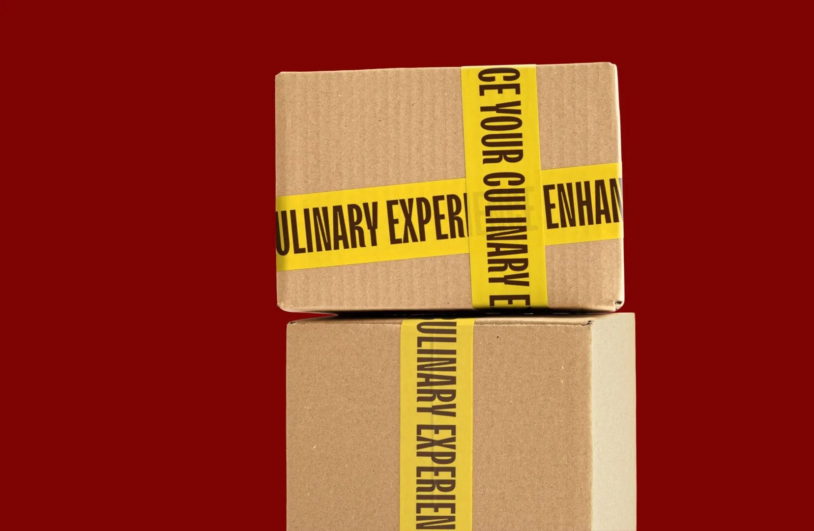 Marin Food kraft delivery box mockups sealed with yellow branded tape