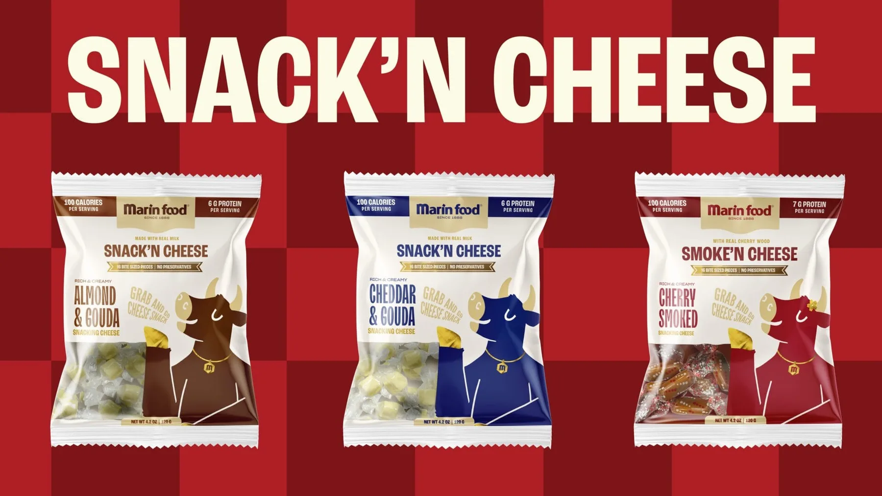 Three Marin Food snack cheese packages on a red background